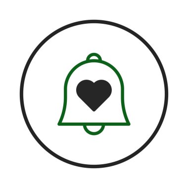 İkon, merkezi kalp şeklinde bir çan tasvir ediyor. Uyarı alarmında sevgi ve sevgiyi sembolize ediyor. Minimalist tasarım modern, vektör tabanlı illüstrasyon için temiz çizgiler kullanır.