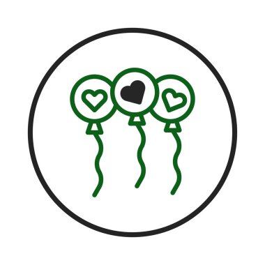 Bir minimalist vektör illüstrasyonu, her biri bir kalp ile süslenmiş, dairesel bir çerçeve içinde kapsüllenmiş üç balon tasvir eder. Temiz çizgiler ve basit tasarım aşkın, kutlamanın ve