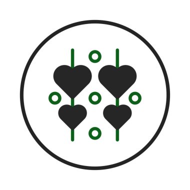 Temiz ve sembolik bir tasvirde, daha büyük bir daire içinde bulunan ve dikey çizgiler ve küçük dairelerle noktalanan simetrik kalpler yer alır. Tasarım