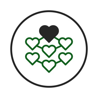 Grafiksel bir illüstrasyon, sevgi ve bağlantıyı simgeleyen bir kalp ağı sunar. Merkez karanlık kalp çevreleyen yeşil kalplerle bağlantılıdır. Bu da bir duygu akışını ve pozitif duyguları gösterir.