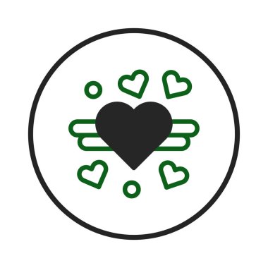 Basitleştirilmiş kanatlı elementlerle biçimlendirilmiş kalp amblemi. İllüstrasyon, siyah, beyaz ve sınırlı renk paleti ile çağdaş bir tarzda oluşturulan sevgi ve şefkat duygularını çağrıştırıyor.