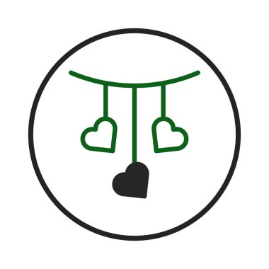 Tuhaf bir illüstrasyonda üç asılı kalp, ikisi yeşil ve biri koyu siyah olmak üzere çizilmiş, eğri bir çizgide asılı, hepsi dairesel bir sınır içinde düzgün çerçevelenmiş,