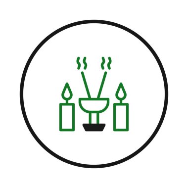 Mumlar, tütsü ve kadehten oluşan ayinsel bir ayin ortamının basit bir vektör çizimi. Minimalist tasarım, maneviyatı, meditasyonu veya dini töreni temiz ve temiz bir şekilde temsil etmek için idealdir.