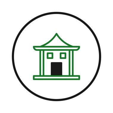 Yuvarlak siyah bir çerçeve içinde soyutlanmış bir binayı gösteren basit bir yeşil ve siyah simge. Yapıda, geleneksel mimari duygusunu yansıtan farklı bir çatı şekli yer alıyor. Kıtır.