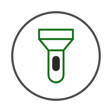 Basit ama çarpıcı bir vektör görüntüsü bir daire şeklinde kaplanmış bir el feneri ikonu sunuyor, rehberlik, kullanım ve aydınlatmayı sembolize ediyor. Düzenli tasarımı farklı renkler sunar