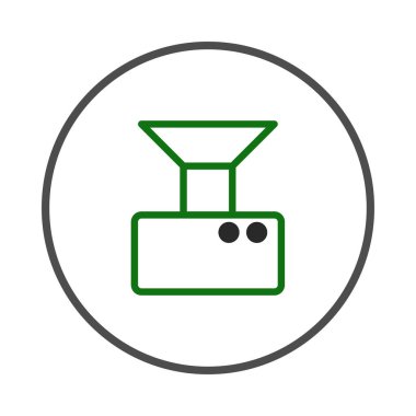 Gri dairesel bir çerçeveye sarılı yeşil geometrik bir sembol içeren modern bir soyut tasvir. Bu tasarım yenilikçi ekipmanları, teknolojik sistemleri veya iletişimi sembolize edebilir.