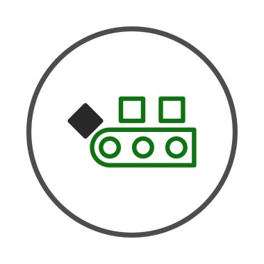 Bir illüstrasyon, fabrika ortamında kare nesneleri taşıyan yeşil bir taşıma bandı sistemi tasvir ediyor. Bu, verimliliği ve teknolojiyi simgeleyen endüstriyel bir süreçte otomasyonu temsil etmektedir.
