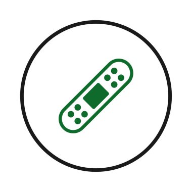 Çemberin içinde yeşil bandaj simgesini gösteren minimalist bir görüntü, ilk yardım, sağlık ve tıbbi yardımı temsil eden basit ama etkili bir sembol. Temiz tasarım bir tür...