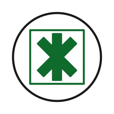 Çarpıcı bir yeşil tıbbi uyarı sembolü, bir kare ve bir daire içinde, hızlı müdahale ve acil sağlık hizmetlerini temsil ediyor. Hazırlığı ve kritik seviyeye erişimi gösterir.