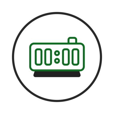 Saat 00: 00 'ı gösteren dijital saati gösteren şık, minimalist bir ikon. Saat yüzü yuvarlak kenarlı, temiz beyaz arka plana göre ayarlanmış. Tasarım dairesel bir şekilde kaplanmış.