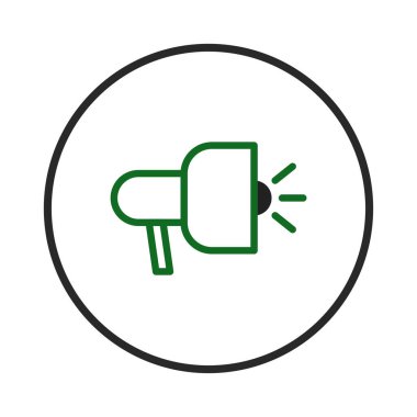 Çevrelenmiş yeşil megafon simgesi iletişim ve terfiyi simgeler. Anonslar, sosyal yardım, yayın ve halka açık adres sistemlerini temsil eder. Uyarıları iletmek ve dikkatleri üzerine çekmek için uygun,