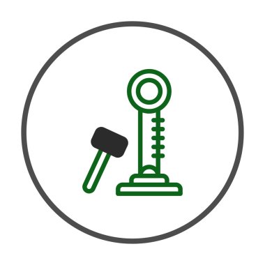 Bu grafikte, genellikle karnavallarda ve fuarlarda bulunan bir güç oyunu ikonu yer alıyor. Tasarım, vurmaya hazır bir çekiç gösteriyor. Yetenek ve gücü sınamak için bir hedef.