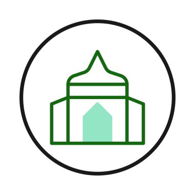 İslam mimarisinin estetik bir temsilinde, yaratıcı görsel sanatsal tasarım için inanç, kültür ve sanatsal minimalist tasarımı sembolize eden koyu siyah bir çember içindeki dingin yeşil bir cami ana hatları sergileniyor.