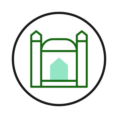 Minimalist bir sanatsal canlandırmada, sembolik bir yapıyı temsil eden simetrik mimarili yeşil çizgili bir yapı yer alır. Bu grafik kültürel ve dini önemi somutlaştırıyor,