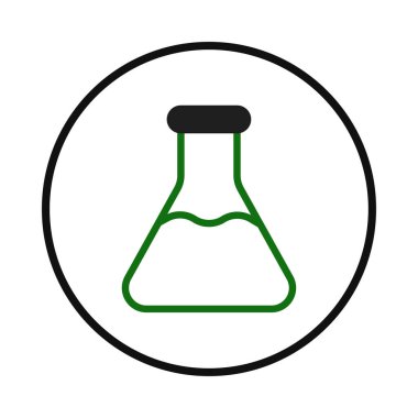 Bu grafik, bilimsel kavramları, araştırmaları ve laboratuvar çalışmalarını temsil etmek için uygun dairesel bir sınır içinde bulunan sıvıyla dolu bir laboratuvar matarası ikonunu gösteriyor. Gösterişli, minimalist