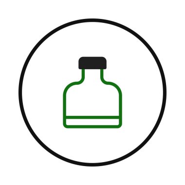 Bu resim dairesel çerçevede minimalist bir şişe illüstrasyonunu gösteriyor. Çeşitli ürünleri temsil etmek için uygun, temiz ve çağdaş bir tasarım. Geometrik basitlik ve renk