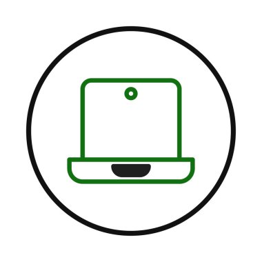 Basit ama çarpıcı bir yeşil dizüstü bilgisayar simgesi siyah bir daire içinde, kusursuz teknolojiyi ve sınırsız bağlantıyı sembolize ediyor. Yenilik, iletişim ve modern dijital kavramları çağrıştırıyor