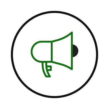 Dairesel bir çerçevenin içindeki megafonun minimalist bir çizimi. Megafon duyurular, promosyon içeriği ya da önemli bir mesaj anlamına geliyor. Dağınık tasarımı sayesinde.