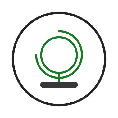 Basit, stilize edilmiş bir illüstrasyonda koyu gri bir duruş üzerinde dinlenen yeşil bir küre keşfedilme, öğrenme ve uluslararası bağlantıları aktarıyor. Vektör biçimi ve izole tasarım