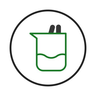 Bir minimalist grafik, deneyleri ve bilimsel keşifleri simgeleyen, yeşil süslemeli ve sıvı çizgili bir deney şişesi tasvir eder.