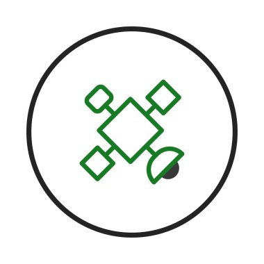 Modern bir tasarım küresel iletişim ve teknolojik bağlantıyı temsil eden bir çember içinde yeşil bir uydu ağ ikonu içerir. Kablosuz veri için tasarlanmış bir sistem öneriyor