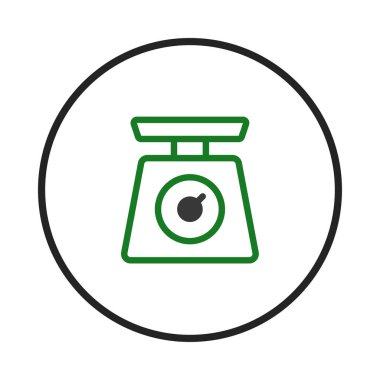 Siyah bir daireye sarılı yeşil bir mutfak ölçekli ikon. Ağırlığı, dengeyi, ölçümü ve yemeği temsil ediyor. Gıda, beslenme ya da yerli ekipmanlarla ilgili dijital tasarımlar için kullanın.