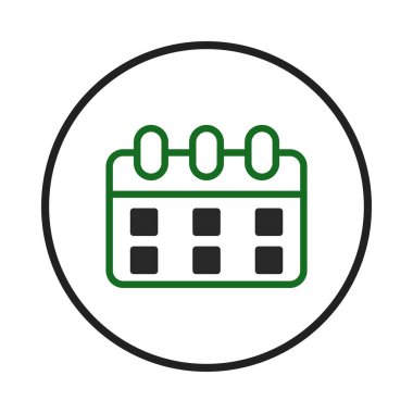 Biçimlendirilmiş bir takvim simgesi, planlama ve organizasyonel etkinliklerin ve zaman yönetiminin görsel bir temsilini gösteren dairesel bir çerçeve içinde ayarlanmış temiz ve basit bir tasarım içerir.