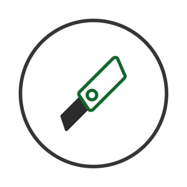 Bir minimalist vektör illüstrasyonunda keskin bir bıçak ve yeşil bir kabzayla sembolize edilmiş, net dairesel bir kenar içinde kapsüllenmiş, hassasiyet gibi kavramlar öne sürülür.,