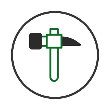 Yeşil ve siyah olarak özetlenmiş, dairesel bir çerçeve içinde sunulmuş bir çekiç ikonunun basit bir grafik gösterimi. İnşaat, ev onarımı ya da çeşitli formları belirtmek için ideal