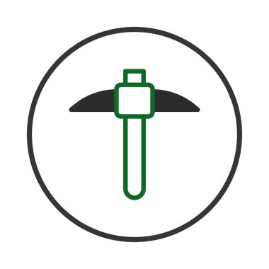 Biçimli bir kazma ikonu, inşaat veya el işçiliği kavramını taşır. Endüstriyel işleri sembolize ediyor. Tasarım yeşil, siyah ve beyaz renkleri kullanır ve modern için görsel olarak çekicidir.