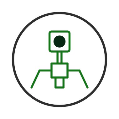 Bir bakteriyofaj virüsünün biçimlendirilmiş bir tasviri, dairesel bir sınır içinde çerçevelenmiş beyaz bir arka plana karşı minimalist yeşil bir hatla tasvir edilmiştir. Bu grafiksel illüstrasyon bir karışımı iletir