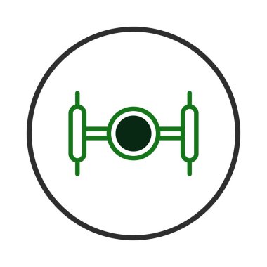 Şekillendirilmiş grafik dairesel bir çerçeve içinde mühendislik ve ulaşım fikirlerini aktaran mekanik bir dingil sistemi tasvir eder. Temiz çizgiler ve geometrik şekiller modern ve teknik bir his veriyor.,