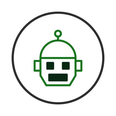 Çember içinde basit bir yeşil robot yüzü olan modern ikon, son teknoloji ve otomasyonu temsil ediyor. Tasarım yapay zeka, robot bilimi ve dijital zeka kavramlarını çağrıştırıyor.