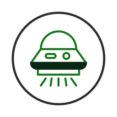 Klasik bir UFO tasarımının minimalist vektör sanatı, kozmik seyahat ve bir dairenin içinde yeşil tonlarda yaratılmış dünya dışı yaşamla potansiyel karşılaşmalar hakkında bir merak hissi uyandırır.,