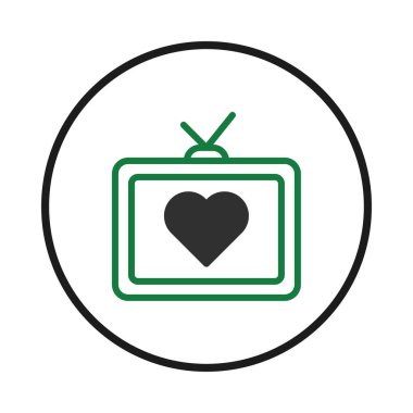 Minimalist bir retro televizyon ikonu, yeşil ekran içine yerleştirilmiş koyu siyah bir kalp sergiliyor. Siyah bir çemberle çevrelenmiş tasarım, medyaya duyulan sevgiyi simgeliyor.