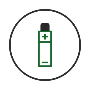 Çember içindeki bir bataryanın basitleştirilmiş hali, enerji çözümleri ve sürdürülebilir uygulamaların temalarını kurnazca iletir. Tasarım temizliği ve teknolojik gelişimi vurguluyor.,