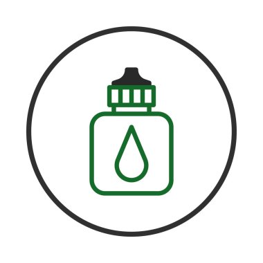 Yeşil çizgilerle çizilmiş, damlatıcı kapaklı kare bir şişe ve belirgin bir gözyaşı damlası sembolü içeren basit ama etkili bir grafik. Çizim cesur bir çember tarafından çerçevelenir, temiz bir çember oluşturur.