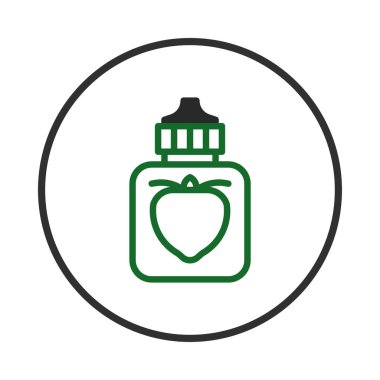 Çağdaş bir illüstrasyon, muhtemelen çilek özü ya da aromalı sıvı içeren kare bir şişe gösteriyor. Sunum basit ama etkili, temiz çizgiler ve nötr