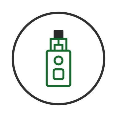 Elektronik bir sigarayı yeşil çizgi sanatı ile temsil eden modern bir ikon, geleneksel sigara içmenin alternatifi olan bir buhar cihazını simgeliyor. Basit tasarım modern yaşam tarzı seçenekleri taşır,