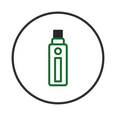 Çemberin içinde bulunan elektronik bir sigaranın basit bir grafik çizimi. Bu simge biçimi, temiz bir çizgi biçimi ile buharlaştırma cihazlarının çağdaş tasarımını vurgular,