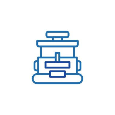 Üretimi, teknolojiyi ve otomasyonu temsil eden bir endüstriyel makinenin mavi çizgi simgesi. Temiz ve modern tasarım.