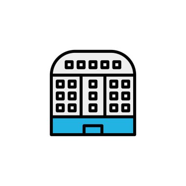 Düz tasarım tarzında modern yapı ikonu. Pencereli ve kapılı mimar sembolü. Vektör illüstrasyonu.