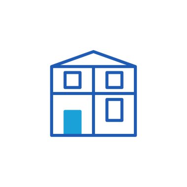 Basit ev simgesi çizimi. Mavi kapılı ve pencereli iki katlı bir ev. Gayrimenkul veya ev kavramları için temiz, modern tasarım.