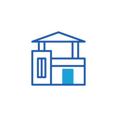 Mavi hatlı modern ev ikonu. Emlak ya da mimarlık projeleri için basit bina tasarımı. Minimalist stil.