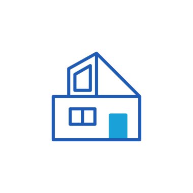 Mavili minimalist ev ikonu, gayrimenkul, mimari ve modern yaşamı temsil ediyor. Ağ ve yazdırma için temiz tasarım.