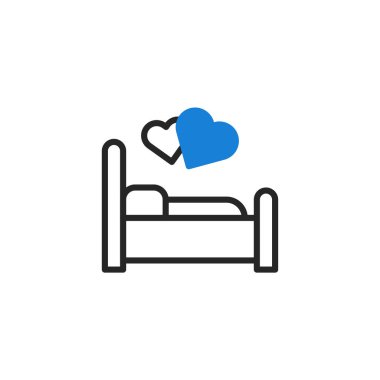 Romantik kaçış ikonu. Kalpli yatak, aşkı, balayını ya da romantik bir tatili simgeliyor. Vektör illüstrasyonu.