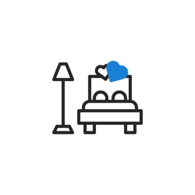 Yatak odası ikonu, yatak, kalp ve lamba. Balayı ya da düğün gecesi için romantik yatak odasının vektör çizimi.