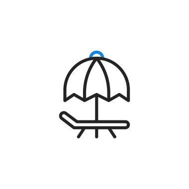 Plaj sandalyesi ve şemsiye ikonu. Yaz tatili ve rahatlama sembolü. Vektör illüstrasyonu beyaz arkaplanda izole edildi.