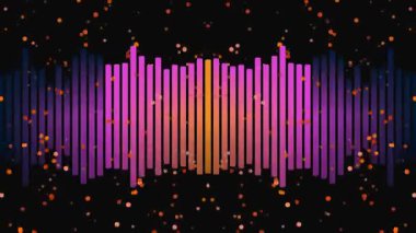Canlı renkler ve parlayan parçacıklarla dinamik ses spektrumu görselleştirmesi. Müzik ve teknoloji geçmişi için mükemmel..