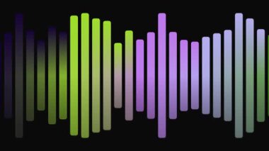 Ses spektrum eşitleyici çubukların canlı yeşil ve mor renklerle siyah arkaplana karşı dinamik animasyonu.